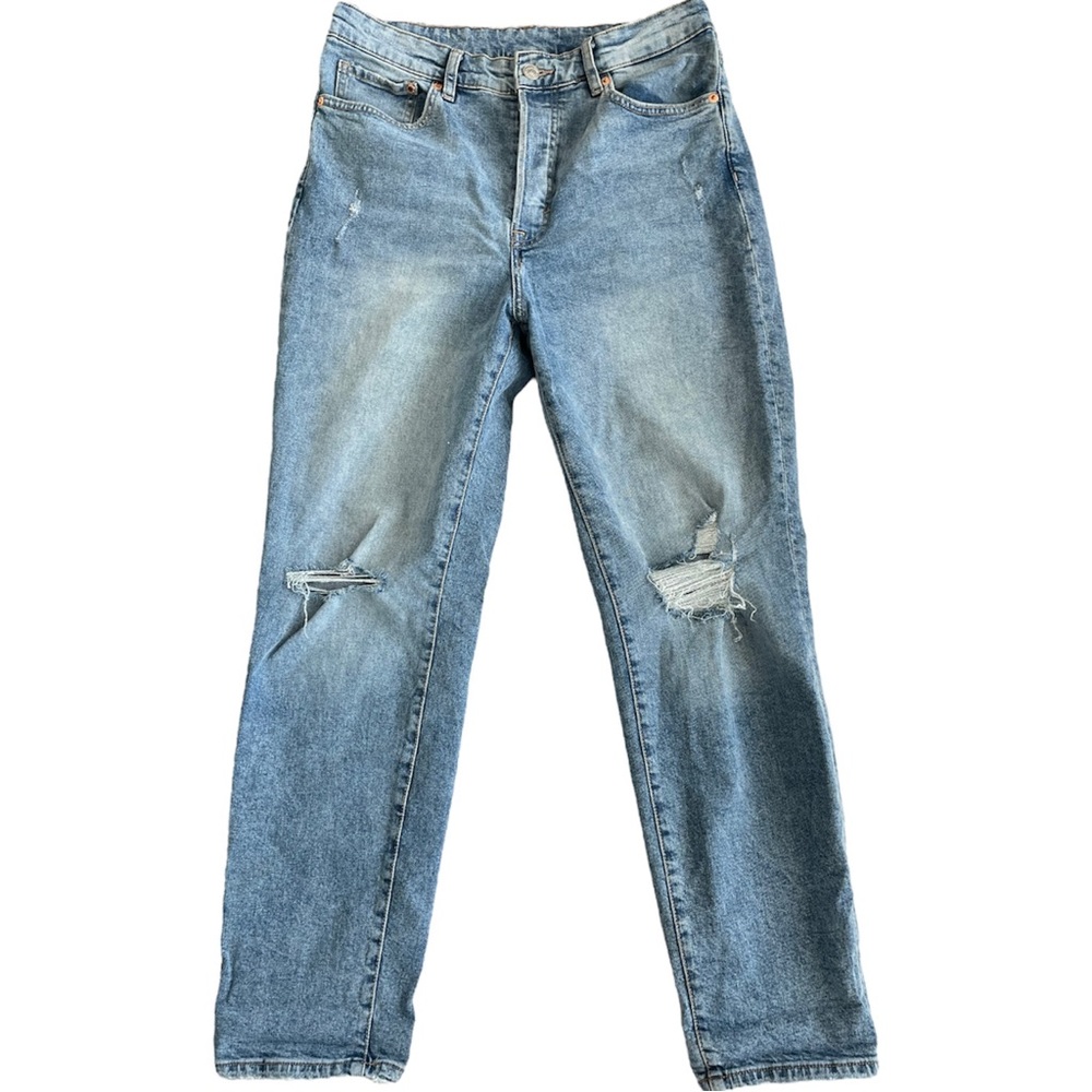 H&M &Denim Ultra High Waist Stonewashed Distressed Mom Blue Jeans 8 *